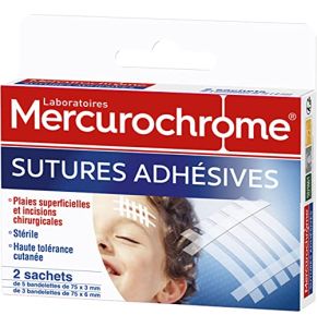 Sutures adhésives MERCUROCHROME | Plaies superficielles incisions chirurgicales | Stériles | Haute tolérance cutanée | 2x5 bandelettes 75x3mm et 3 bandelettes 75x6mm