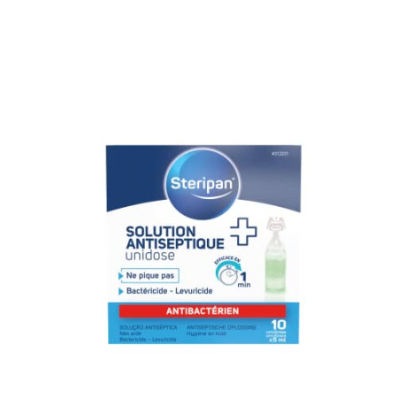 Steripan - Solution Antiseptique Unidose - Ne Pique Pas - Élimine 99,9% des Bactéries - Bactéricide et Levuricide - 10 Unidoses x5 ml