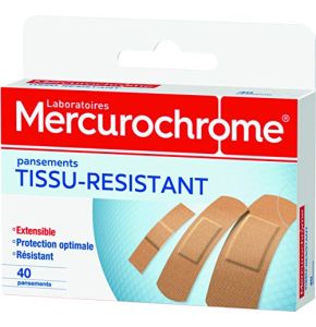Mercurochrome - Pansements Tissu-Résistant, Protection Optimale, Hypoallergénique Confortable, Résistant Ultra-Extensible - La Boîte de 40 Pansements