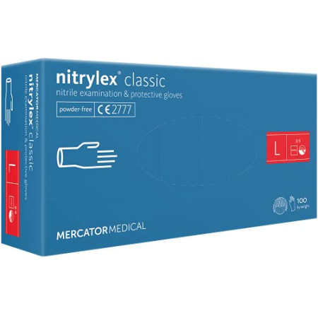 MERCATOR MEDICAL Gants nitrile bleus NITRYLEX CLASSIC, taille : L - 100 pieces, Gants jetables, non poudrés, texturés au bout des doigts, sans la...