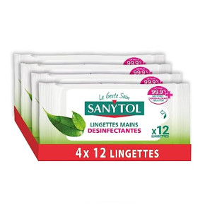 Sanytol Lingettes Désinfectantes Mains Objets Surfaces x 12 - Lot de 4