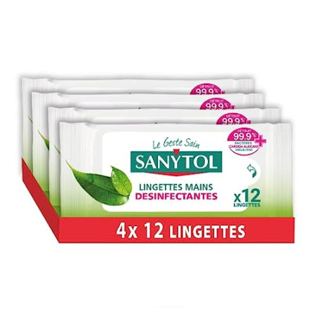 Sanytol - Lingettes Désinfectantes Hydratantes Mains - Bactéricide, Virucide, Fongicide - Sans Rinçage - Parfum Thé Vert - Format Compact Prati...