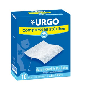 Urgo - Compresses de gaz stériles - Absorption - Boîte de 10 sachets de 2 compresses - 7,5cm x 7,5cm
