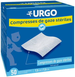 Urgo - Compresses de gaz stériles - Absorption - Boîte de 50 sachets de 2 compresses - 7,5cm x 7,5cm