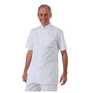 Hurry Jump Label Tunique Homme Col Officier 3 Poches Fermeture Pressions Sergé 210 Grammes Couleurs Blanc Pressions Inoxydables