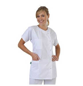 Hurry Jump Label Blouse Tunique Col Rond 3 Poches Manches Courtes Piqué Aspect Côtelé Moderne Couleurs Blanc Pressions Inoxydables