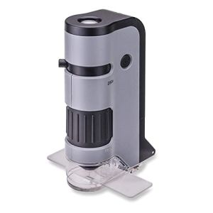 Carson MP-250 MicroFlip Pocket Microscope with LED Light and Smartphone Digiscoping Adapter Clip, Gray