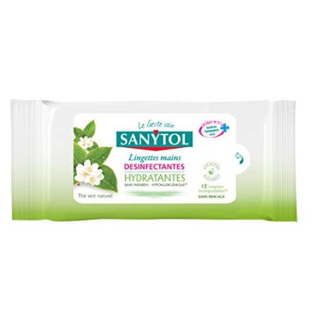 Sanytol - Lingettes Désinfectantes Hydratantes Mains - Bactéricide, Virucide, Fongicide - Sans Rinçage - Parfum Thé Vert - Format Compact Prati...