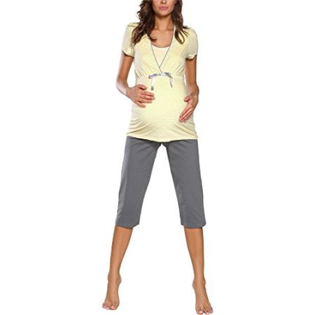 Italian Fashion IF Elegant Cotton Maternity Pajamas Yellow/Grey - Size S