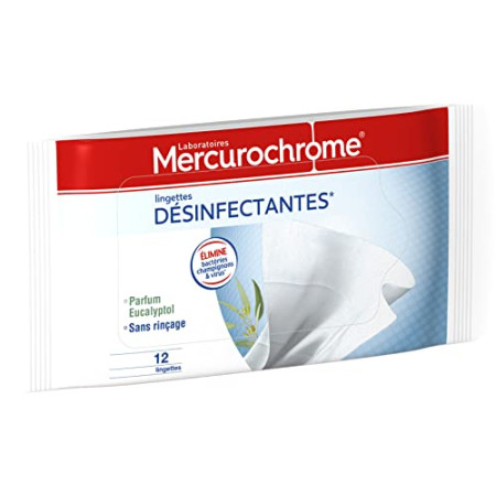 MERCUROCHROME - Lingettes Désinfectantes - Eliminent Bactéries Champignons/Virus - Etui Fraicheur - 12 Lingettes