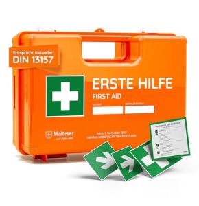 FLEXEO Trousse de premiers secours complète avec support mural et autocollants, conforme à la norme DIN 13157:2021 - Boîte de secours - Mallette...