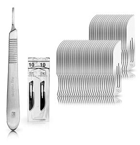 Set avec 50 x lames de scalpel N° 10 - Lame chirurgicale stérile en acier au carbone et 1 x manche de scalpel Figure N° 3 en acier inoxydable