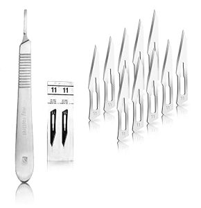 Set avec 10 x lames de scalpel N° 11 - Lame chirurgicale stérile en acier au carbone et 1 x manche de scalpel Figure N° 3 en acier inoxydable