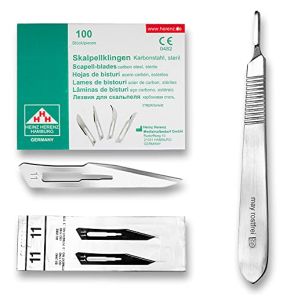Set Avec 100 x Lames de Scalpel N° 11 - Lame Stérile en Acier au Carbone et Manche de Scalpel Figure N° 3 en Acier Inoxydable