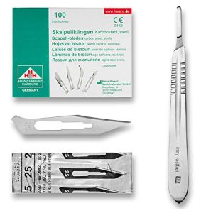 Set Avec 100 Lames de Scalpel N°25 - Lame Stérile en Acier au Carbone et Manche de Scalpel Figure N°4 en Acier Inoxydable May