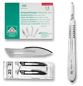 Set With 100 x Scalpel Blades No. 23 - Sterile Carbon Steel Blade and 1 x May - Scalpel Handle Figure No. 4 in Stainless Steel