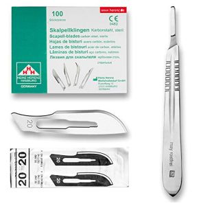 Set avec 100 x lames de scalpel N° 20 - Lame stérile en acier au carbone et 1 x manche de scalpel Figure N° 4 en acier inoxydable