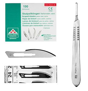Set With 100 x Scalpel Blades No. 24 - Sterile Carbon Steel Blade and 1 x May - Scalpel Handle Figure No. 4 in Stainless Steel