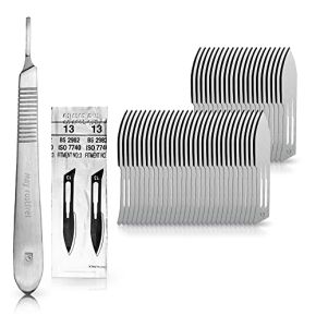 Set Avec 50 x Lames De Scalpel N° 13 - Lame Chirurgicale Stérile En Acier Au Carbone Et 1 x Manche De Scalpel Figure N° 3 En Acier Inoxydable
