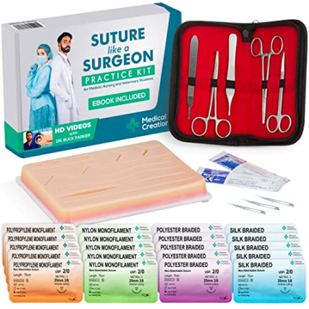 Medical Creations Suture Kit de pratique avec ebook Guide de formation - Tampon de suture en silicone réutilisable avec trousse à outils dévelop...