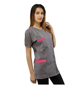 Hurry Jump Blouse de Travail Courte Idéale Esthéticienne Coloris Gris Parement Fuchsia