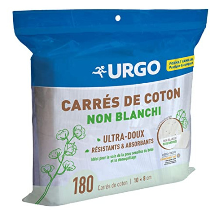 Urgo - Carrés de coton - Ultra-doux Absorbants - Coton de qualité certifiée OEKO-TEX® Non Blanchi - 180 unités