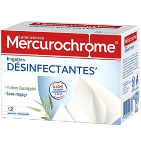 MERCUROCHROME - Lingettes Désinfectantes Individuelles - Eliminent Bactéries Champignons/Virus - 12 Sachets