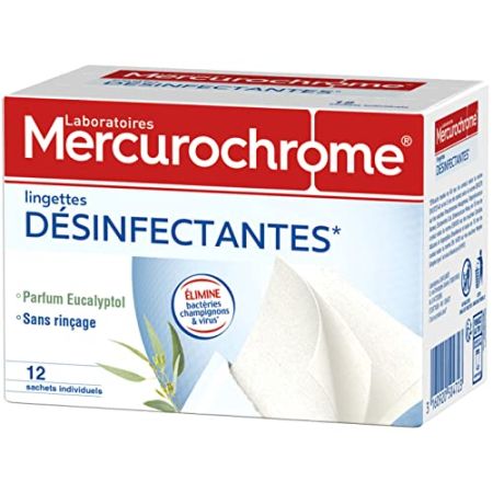 MERCUROCHROME - Lingettes Désinfectantes Individuelles - Eliminent Bactéries Champignons/Virus - 12 Sachets