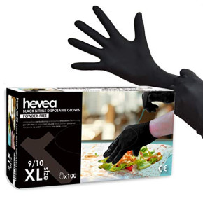 Hevea - Gants en nitrile jetables. Sans talc et sans latex. Lot de 5 boîtes de 100 gants chacune. Taille : XL (Très grande). Couleur : noir