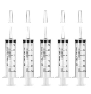 Plastic 60ml Measuring Syringe - Long Tip - Liquid Measurement, Animal Feeding, Gardening - Hyber&Cara (5 pieces)