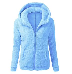 Wtouhe Fleece Jacket for Women, Warm Hooded Long Sleeve Zippered Coat Solid Color Plush Sweatshirt with Pocket Winter Fashion Outercoat Tops