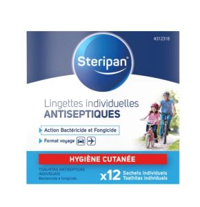 Steripan - Lingettes Individuelles Antiseptiques - Action Bactéricide/Fongicide - Sans Rinçage - x12 Sachets Individuels