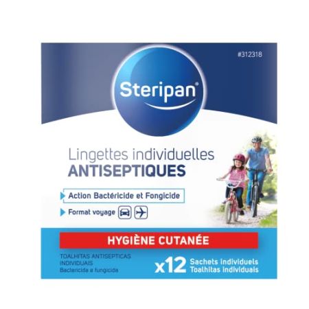 Steripan - Lingettes Individuelles Antiseptiques - Action Bactéricide/Fongicide - Sans Rinçage - x12 Sachets Individuels