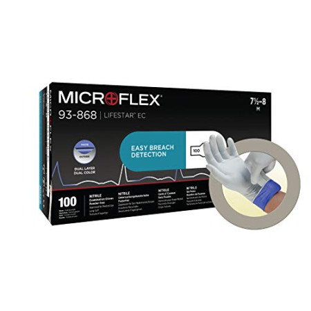 Ansell Microflex LifeStar EC 93-868 Gants d’Examen Jetables, Premiers Soins ou Usage Médical, Double Protection, Taille M, blanc/bleu (100 Gants)