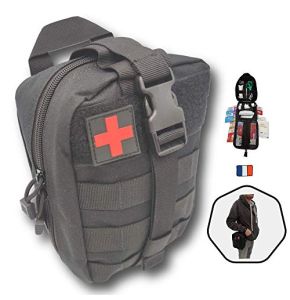 Complete Military First Aid Kit Black Tactical Compact 103 Pcs Assembled in France + 3 Tick Removers Belt Attachment