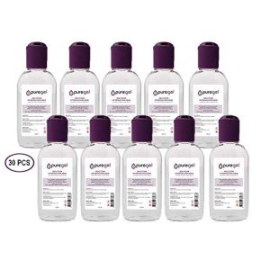 30 Flacons de Solution Hydro-Alcoolique pour les mains, Puregel, avec bouchon réducteur Mauve, 30 X 100ml, Lotion désinfectante