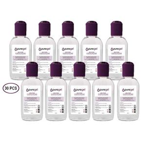 30 Flacons de Solution Hydro-Alcoolique Pour Les Mains, Puregel, Avec Bouchon Réducteur Mauve, 30 X 100ml, Lotion Désinfectante