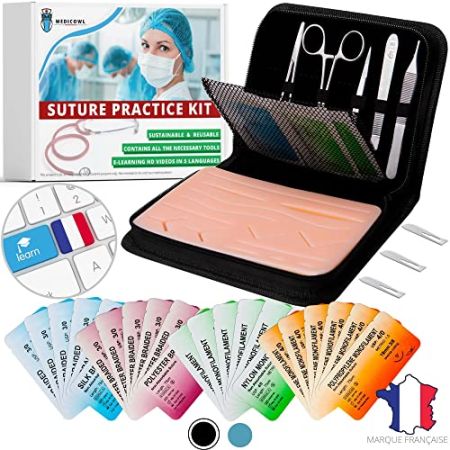 Medicowl Kit de suture pour étudiants, Entrainement à la suture en Vidéos et eBook en Français, 33 pièces avec un étui, Cadeau pour étudiant...