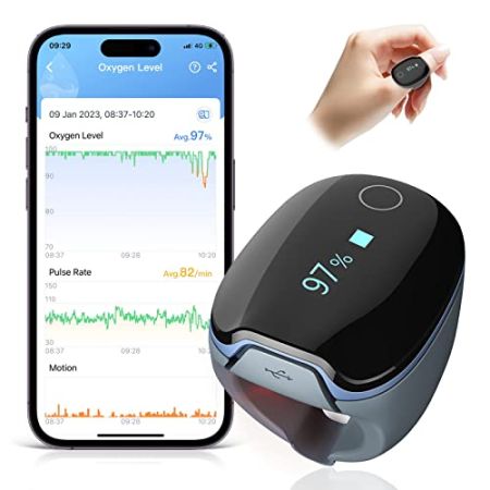 O2 Ring Oxymetre de Doigt, Moniteur d'Oxygène Bluetooth Portable Moniteur de Fréquence Cardiaque, Feedback de Vibration, Android/iOS APP, Rapport PC