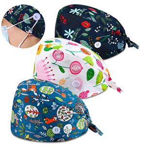 3 Pièces Bonnet Gommage Bouffant Coloré Turban Imprimé Réglable avec Boutons