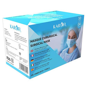KAROFI - Masques Chirurgicaux Type II Médical, 4 Couches, BFE > 98%, testés et approuvés, certifiés CE EN14683 : 2019, boîte 50 pcs