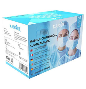 KAROFI Type IIR Surgical Masks - 4 Layers - BFE > 99% - CE Certified EN14683:2019 - Box of 50 pcs