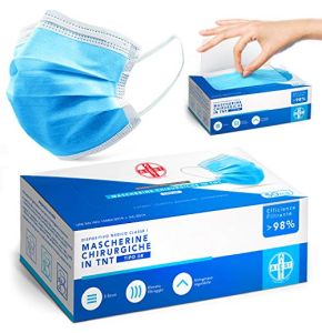 AIESI® Masques chirurgicaux certifiés en TNT à 3 couches jetable couleur bleu clair avec élastiques type IIR (Paquet de 50 pièces), Dispositif...