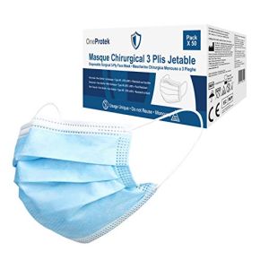 50 Masque chirurgical jetable OneProtek - 3 Couches Type 2R IIR Médical - Certifiés CE EN14683 - Confortables et élastiques résistants