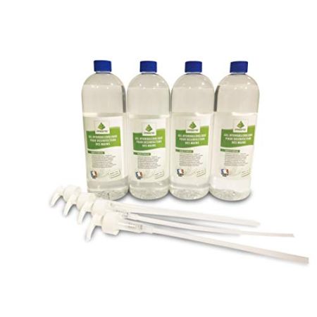 Lot de 4 bidons de 1L de Gel Hydroalcoolique haute qualité - Avec pompes - Fabriqué en France - 76% d'alcool