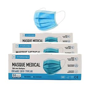 HYDROMED 150 pièces Masque Chirurgical EN14683:2019 TYPE IIR 3 Boites de 50 (1 sachets de 50/Boite) NORME CE Filtration bactérienne 98%…