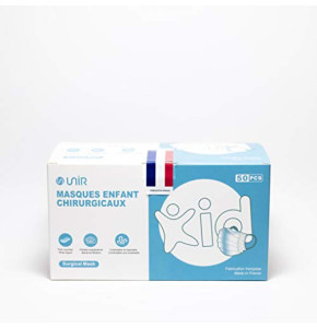 UniR Masques chirurgicaux Enfants 3 plis 6ans-10ans, Type 2, Fabriqués en France , BFE + 98% (Boite de 50 masques)