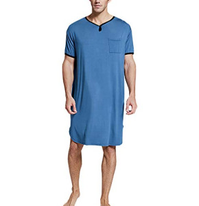 FEOYA Homme Chemises de Nuit en Coton Manches Courtes Col V Pyjamas Vêtements de Nuit Doux pour L'hôpital d'été à la Maison Bleu XL
