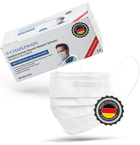 Masque chirurgical Charlemain 50x, Blanc, MADE IN GERMANY, EN 14683 type IIR, certifié CE, protection buccale et nasale médicale, BFE > 99%, 3 pl...