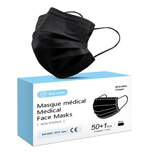 Lot de 50 + 1 Masque Noir Chirurgical médical jetable en Noir Masque de Protection Type I EN14683-2019, BFE≥95%, 3 Plis MEDI SANTÉ